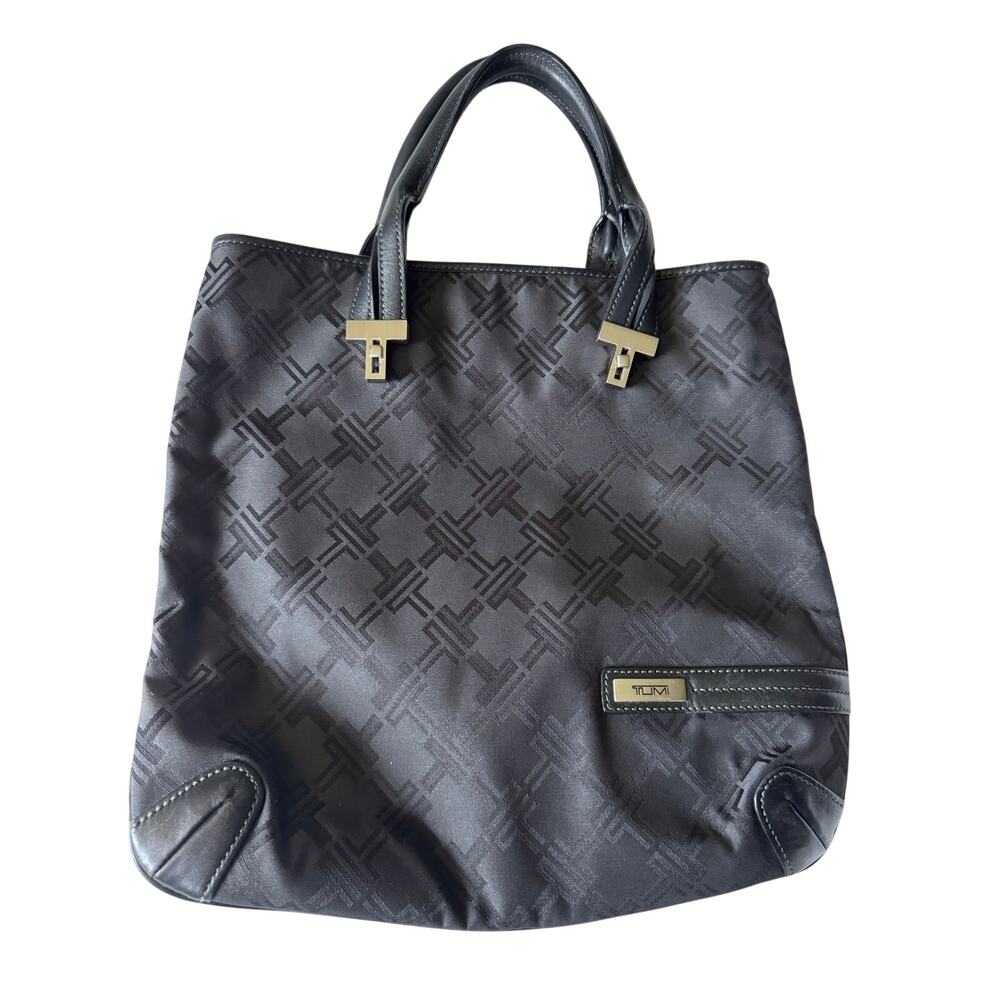 Tumi Signature Black Nylon & Leather Trim Tote Bag Geometric Logo Pattern